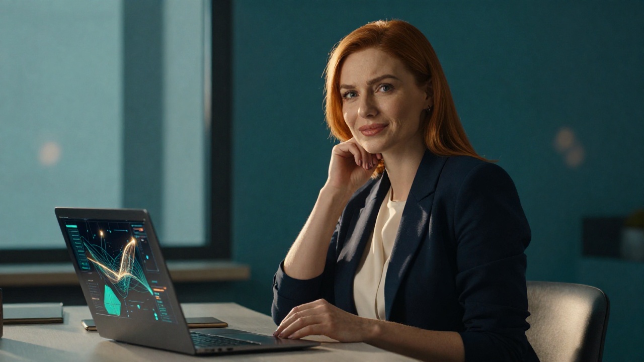Женщина-специалист по SEO с уверенным выражением лица работает с аналитикой ключевых слов на современном рабочем месте