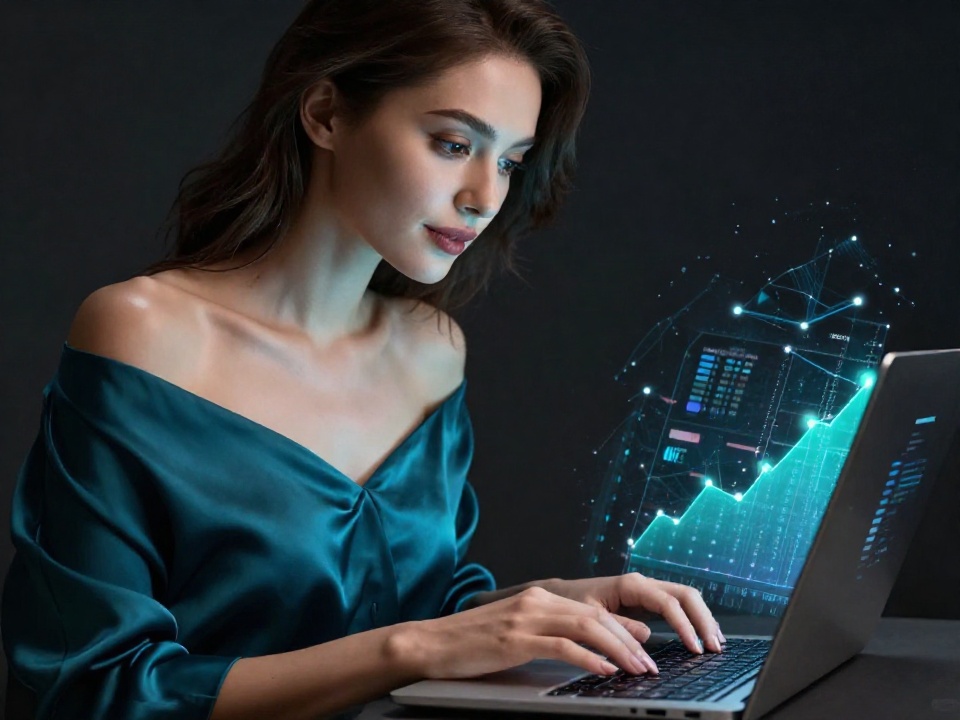 Молодая женщина работает с SEO-инструментами для анализа семантики и отслеживания позиций сайта на современном ноутбуке с可视化数据图表